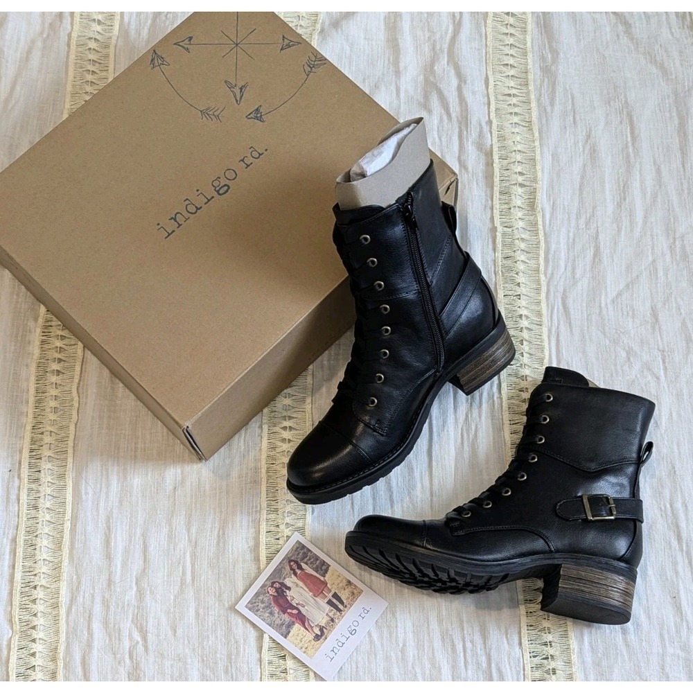 Moto Grunge Combat Boots NIB Indigo Rd Jovanie Black Buckle Lace Up Size 7
